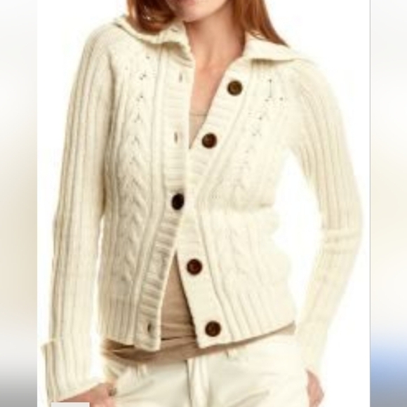 GAP cardigan sweater collared cable knit button front marled brown khaki tan M - Picture 2 of 8